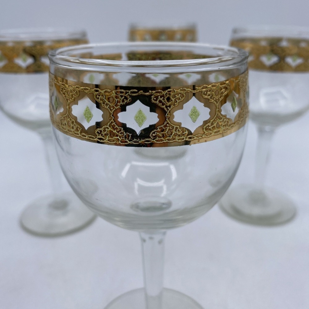 Set 8 Vintage Blown Glass Culver Antiqua Ornate 22K Gold Band 6" Wine Glasses